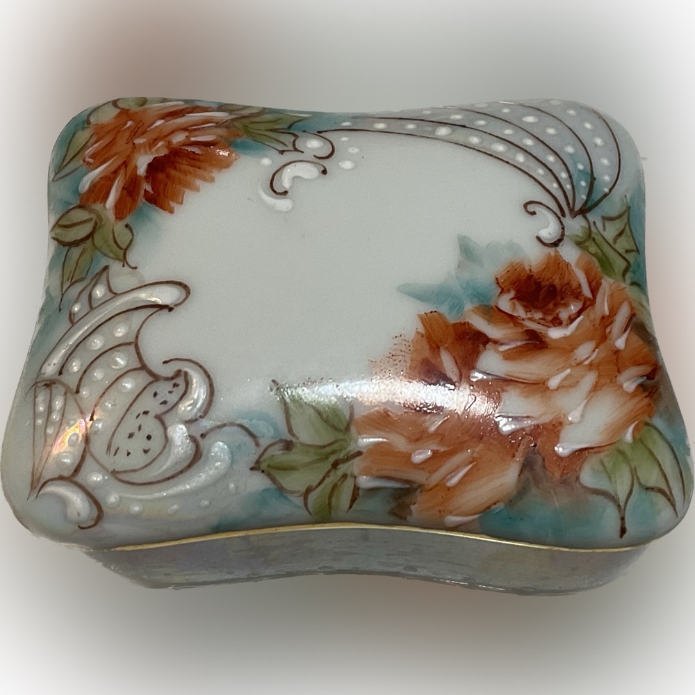 Hand painted vintage floral trinket box roses gold trim light blue grannycore